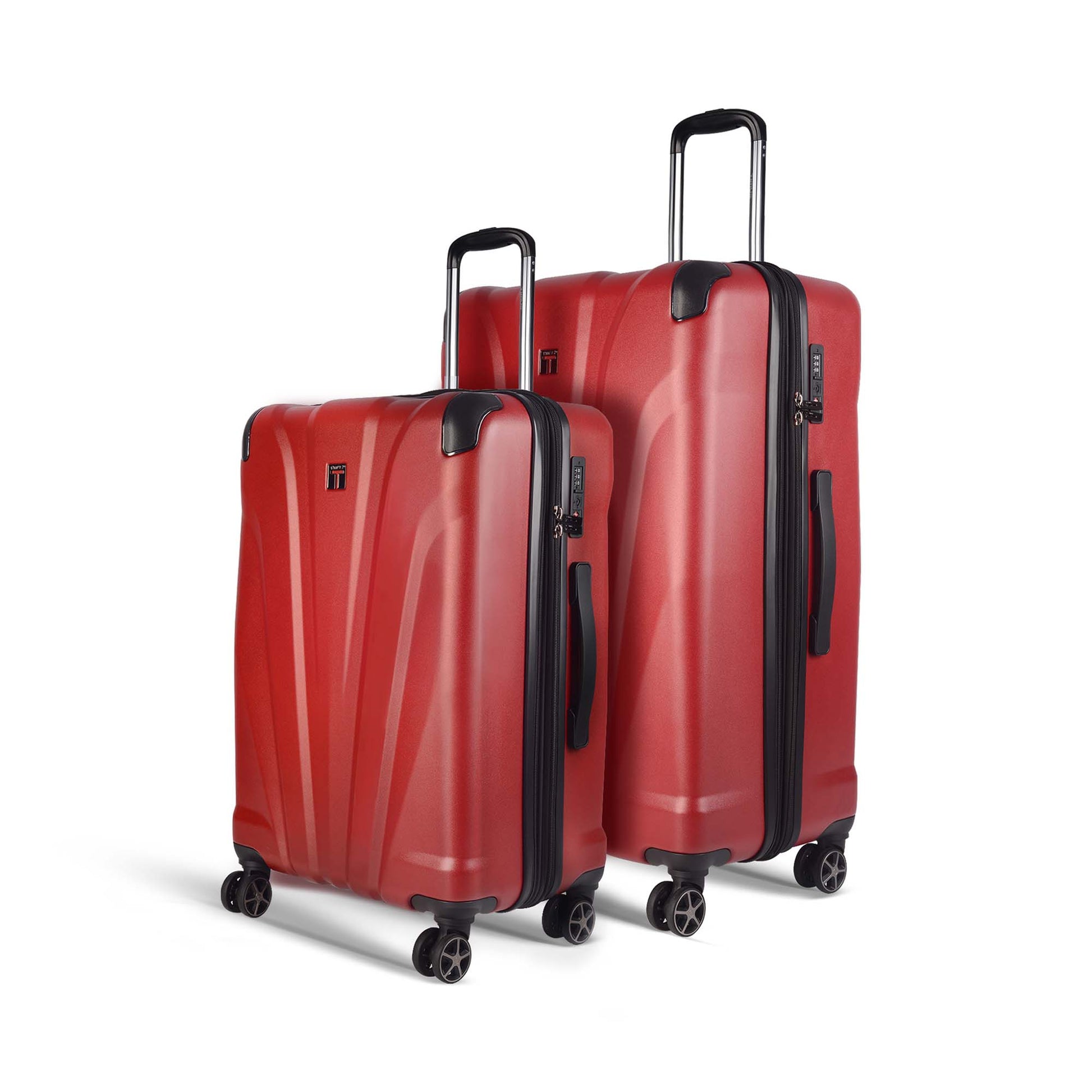 Left angled view of Timus Leolite red trolley luggage combo (68 cm & 78 cm) highlighting matching ribbed shells, aluminium push-button handles, and 360° silent spinner wheels.