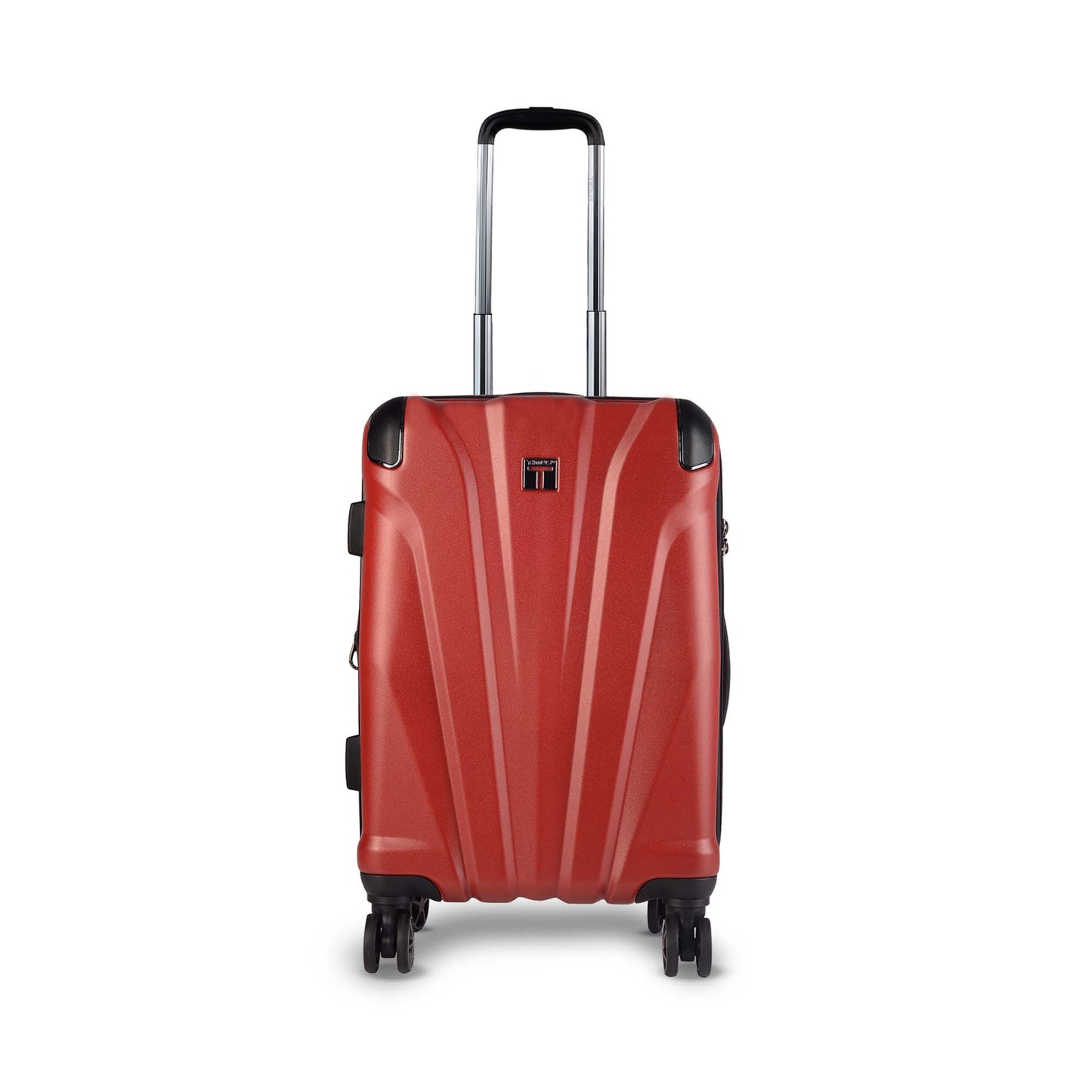 Front view of Timus Leolite red trolley bag showcasing aluminum push-button handle, sturdy textured shell, and dual spinner wheels.