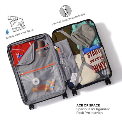 Open view of Timus Leolite red hard luggage displaying organized compartments, compression straps, and waterproof pouch for neat packing.