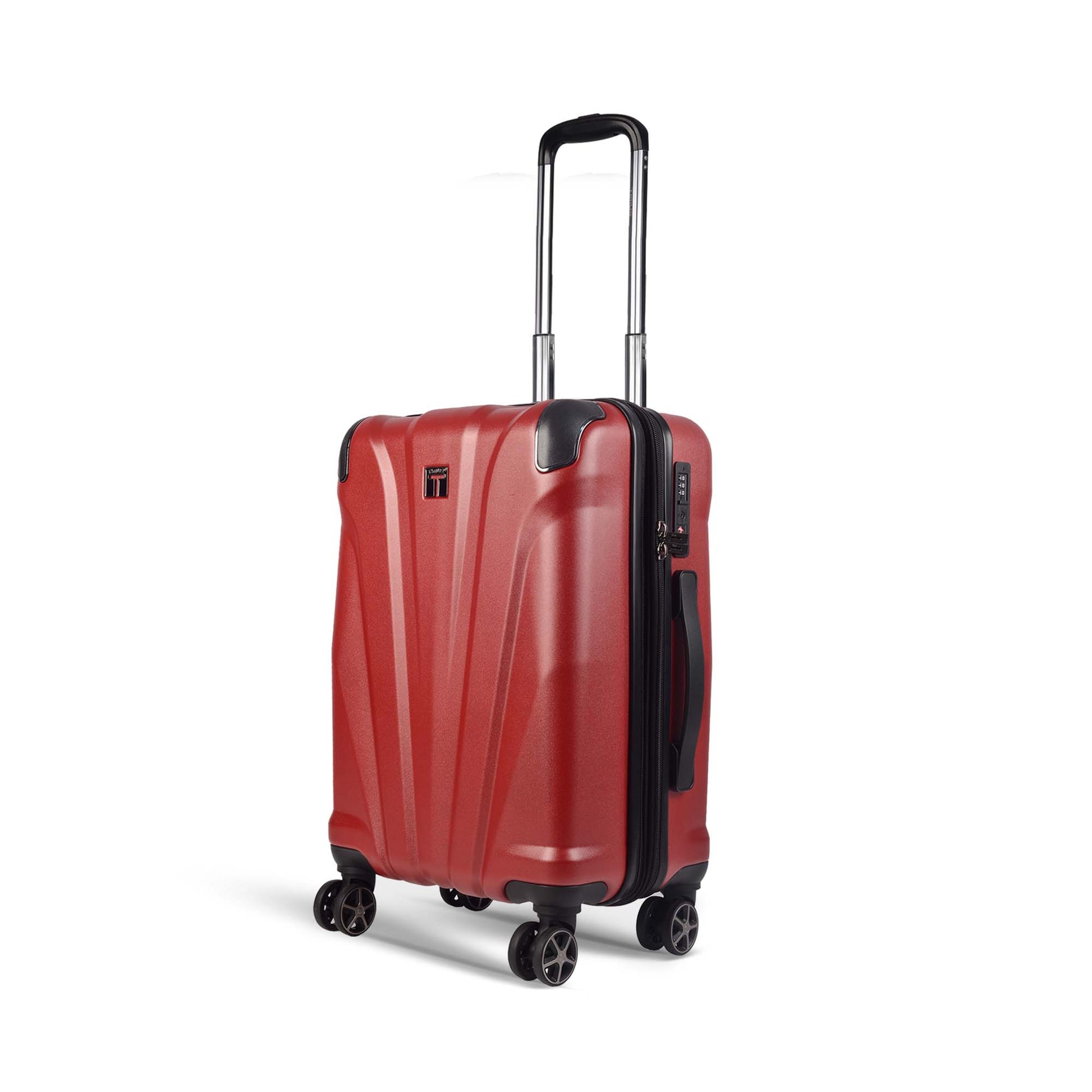 Left angled view of Timus Leolite red expandable hard trolley luggage featuring aluminum push-button handle, TSA lock, side handle, and silent spinner wheels on a white background.