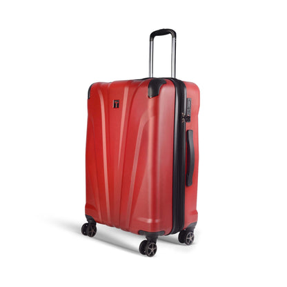 Left angled view of Timus Leolite red  68  cm expandable hard trolley luggage featuring aluminum push-button handle, TSA lock, side handle, and silent spinner wheels on a white background.