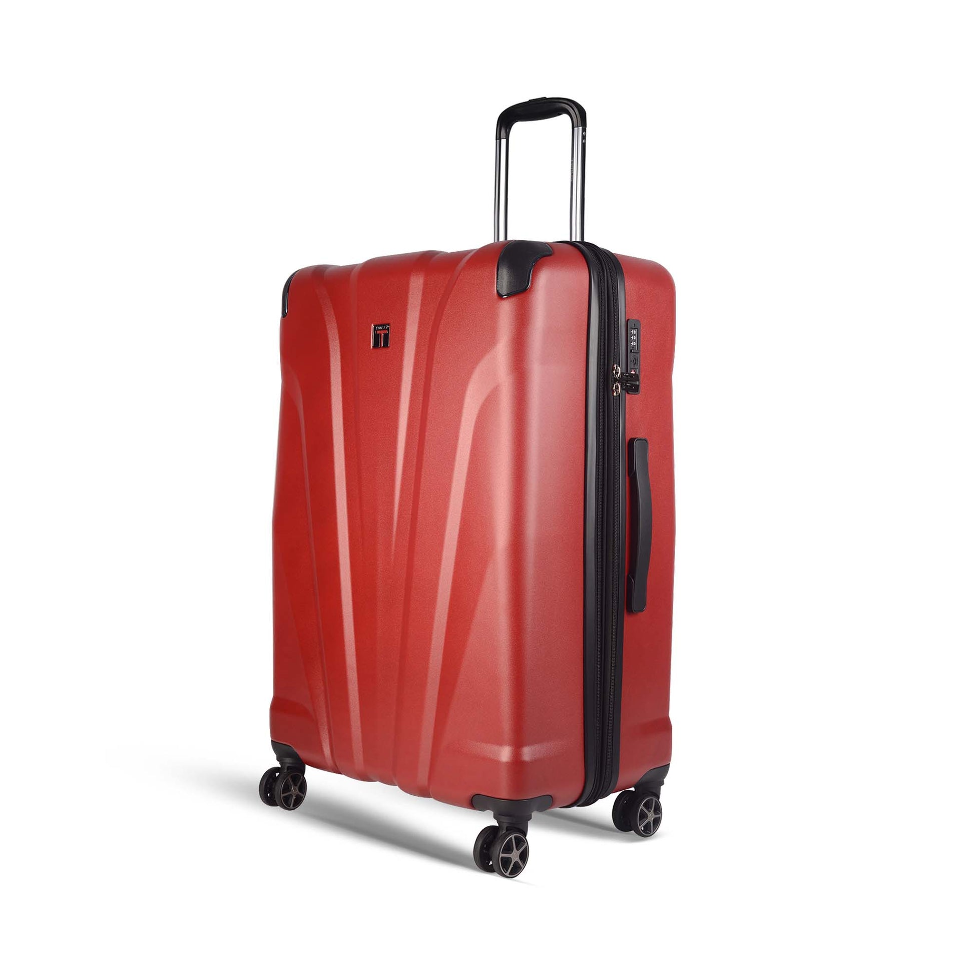 Left angled view of Timus Leolite red  78 cm expandable hard trolley luggage featuring aluminum push-button handle, TSA lock, side handle, and silent spinner wheels on a white background.