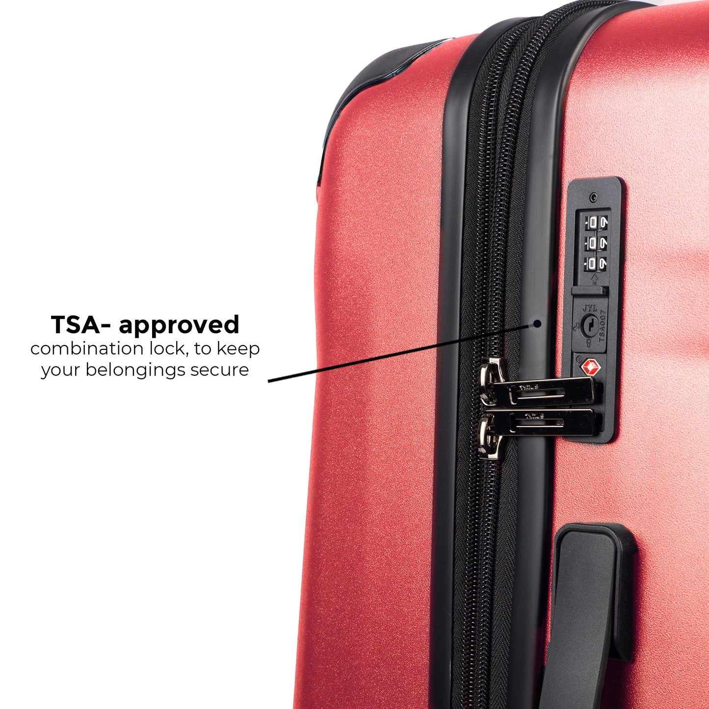 Close-up of TSA-approved lock on Timus Leolite red trolley luggage, highlighting premium build and secure design.