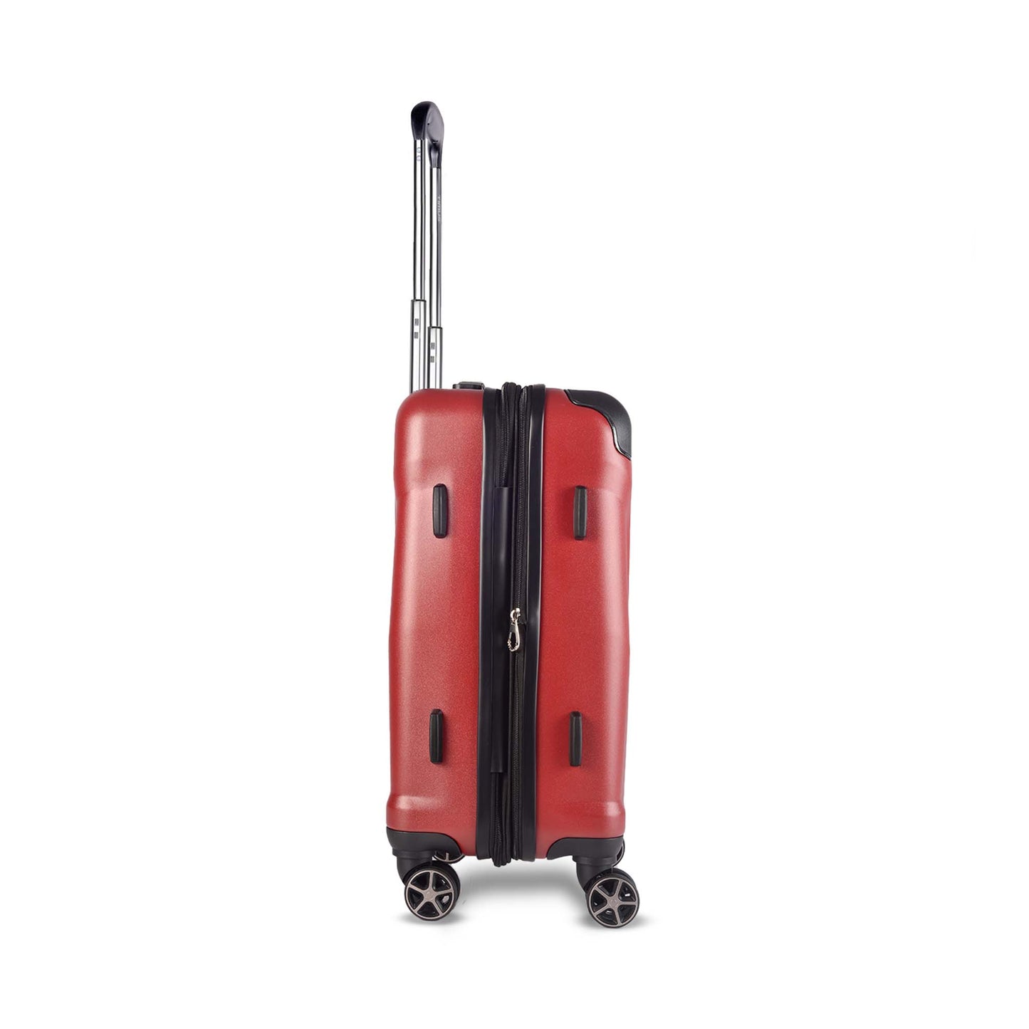 Right side view of Timus Leolite red trolley luggage highlighting expandable zipper, protective side lugs, and silent 360° spinner wheels.