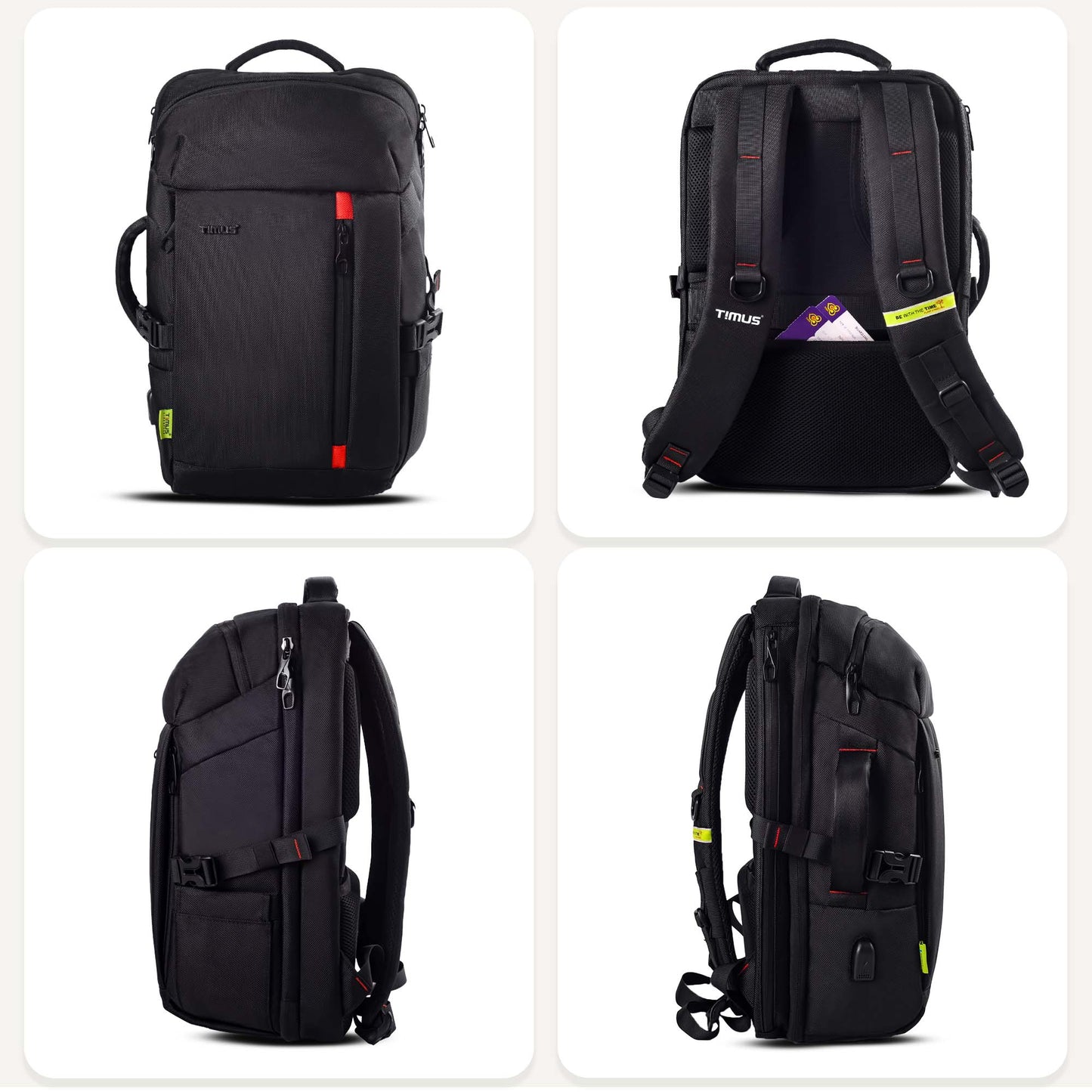 All-side view of Timus London black laptop backpack showing structured sides, red detailing, and modern silhouette.