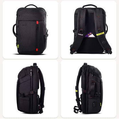 All-side view of Timus London black laptop backpack showing structured sides, red detailing, and modern silhouette.