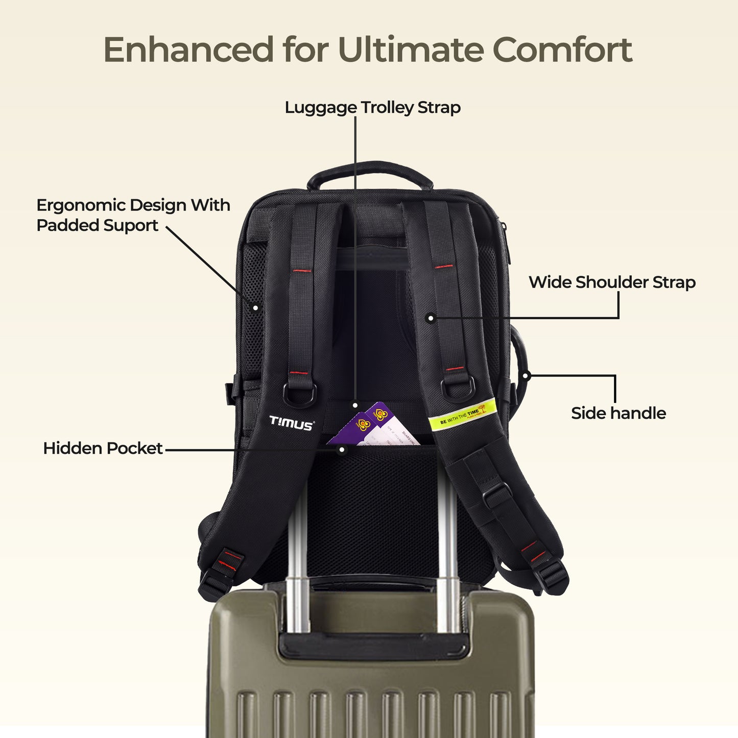 Back view of Timus London black laptop backpack featuring padded ergonomic shoulder straps and breathable back mesh support.