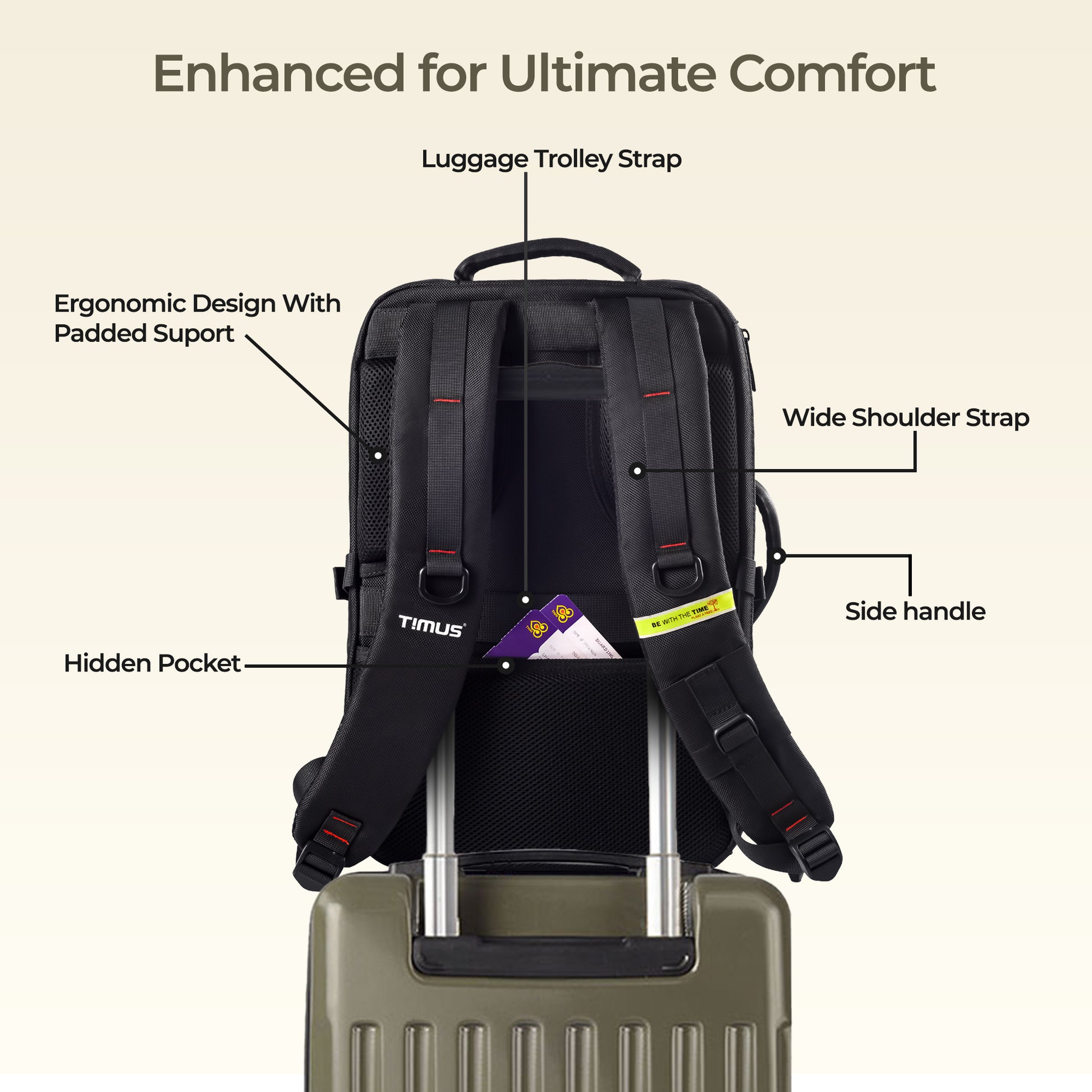 Back view of Timus London black laptop backpack featuring padded ergonomic shoulder straps and breathable back mesh support.