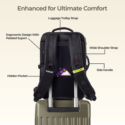 Back view of Timus London black laptop backpack featuring padded ergonomic shoulder straps and breathable back mesh support.