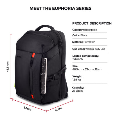 Dimension view of Timus London black laptop backpack displaying its height, width, and depth for clear size reference.