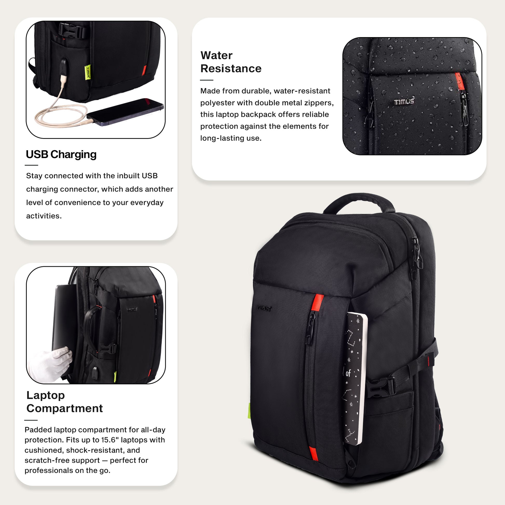 Graphic illustrating key features of Timus London black laptop backpack including USB charging port, durability, and organization.