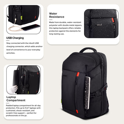 Graphic illustrating key features of Timus London black laptop backpack including USB charging port, durability, and organization.
