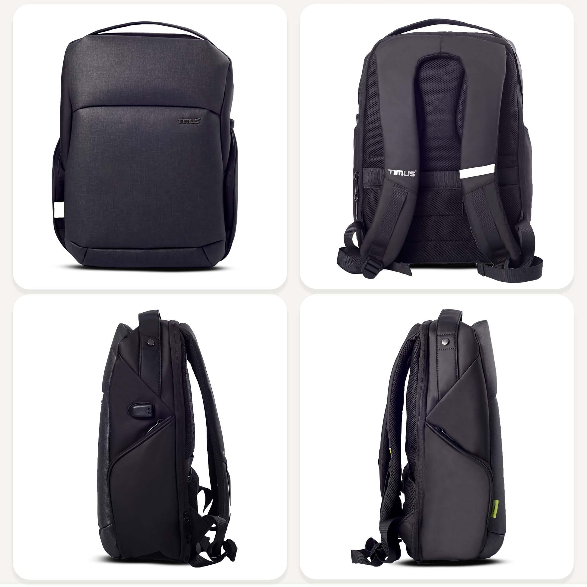 All-side view of Timus Madrid black laptop backpack displaying its compact silhouette, smooth contours, and durable structure.