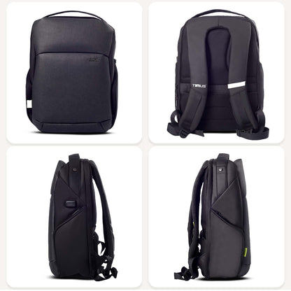 All-side view of Timus Madrid black laptop backpack displaying its compact silhouette, smooth contours, and durable structure.
