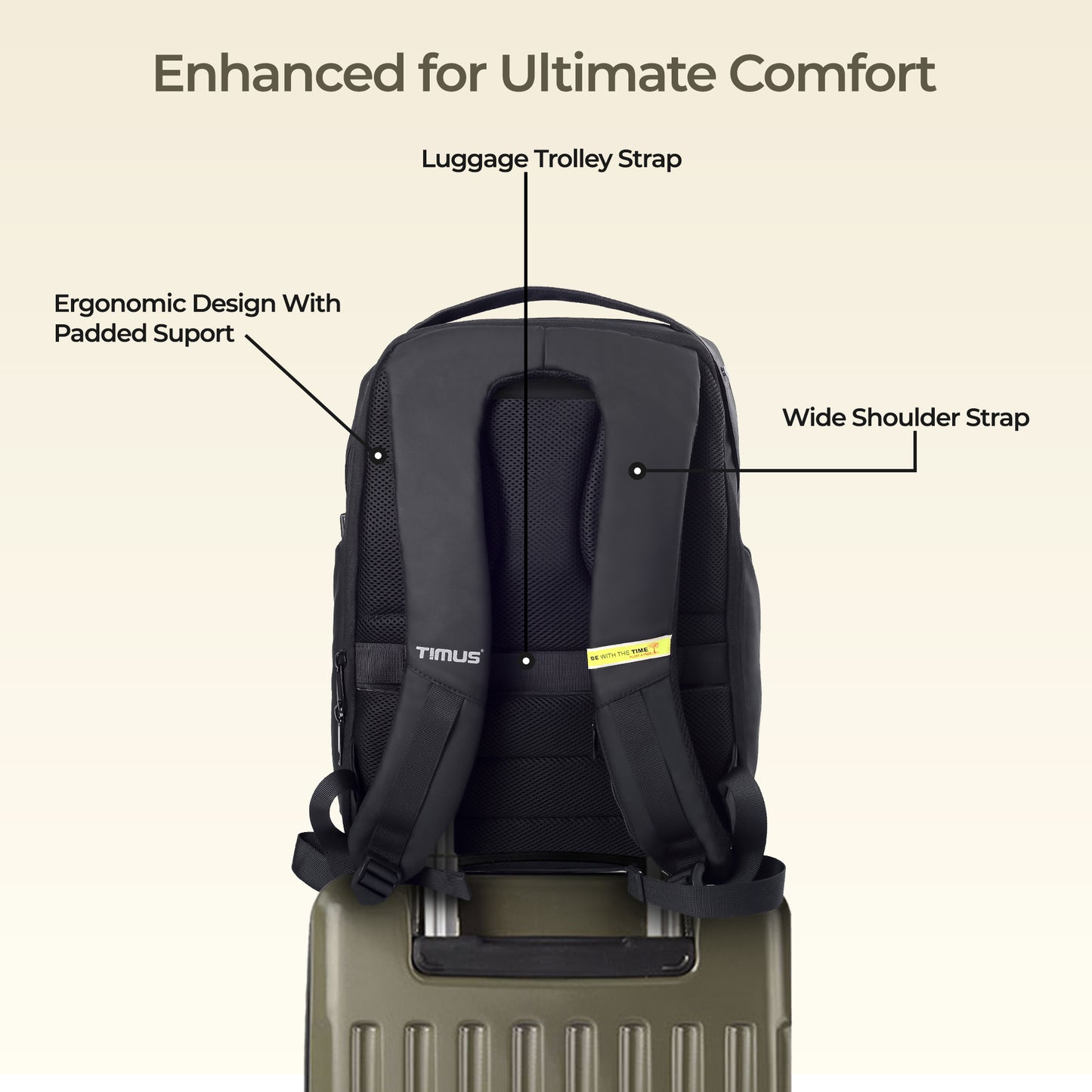 Back view of Timus Madrid black laptop backpack showing padded shoulder straps, cushioned back panel, and trolley sleeve.