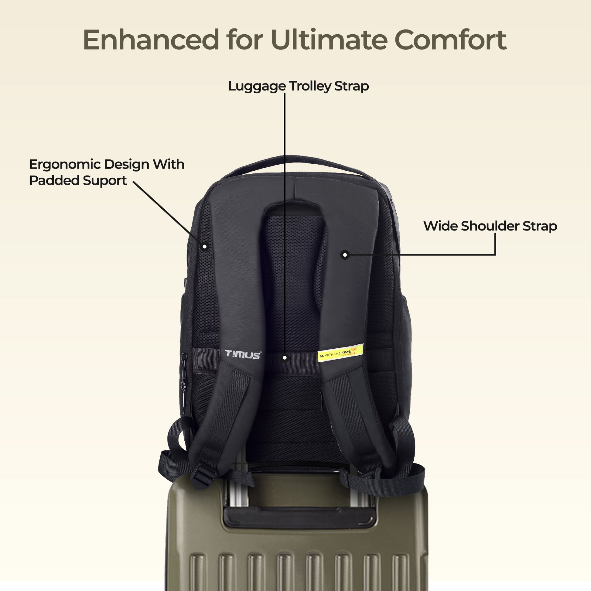 Back view of Timus Madrid black laptop backpack showing padded shoulder straps, cushioned back panel, and trolley sleeve.