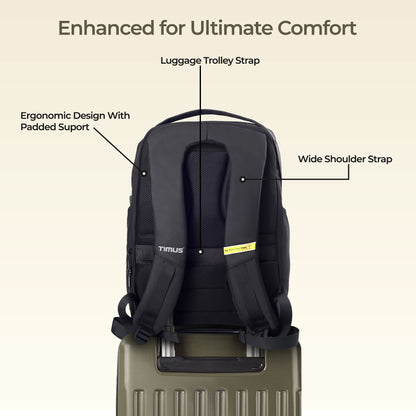 Back view of Timus Madrid black laptop backpack showing padded shoulder straps, cushioned back panel, and trolley sleeve.