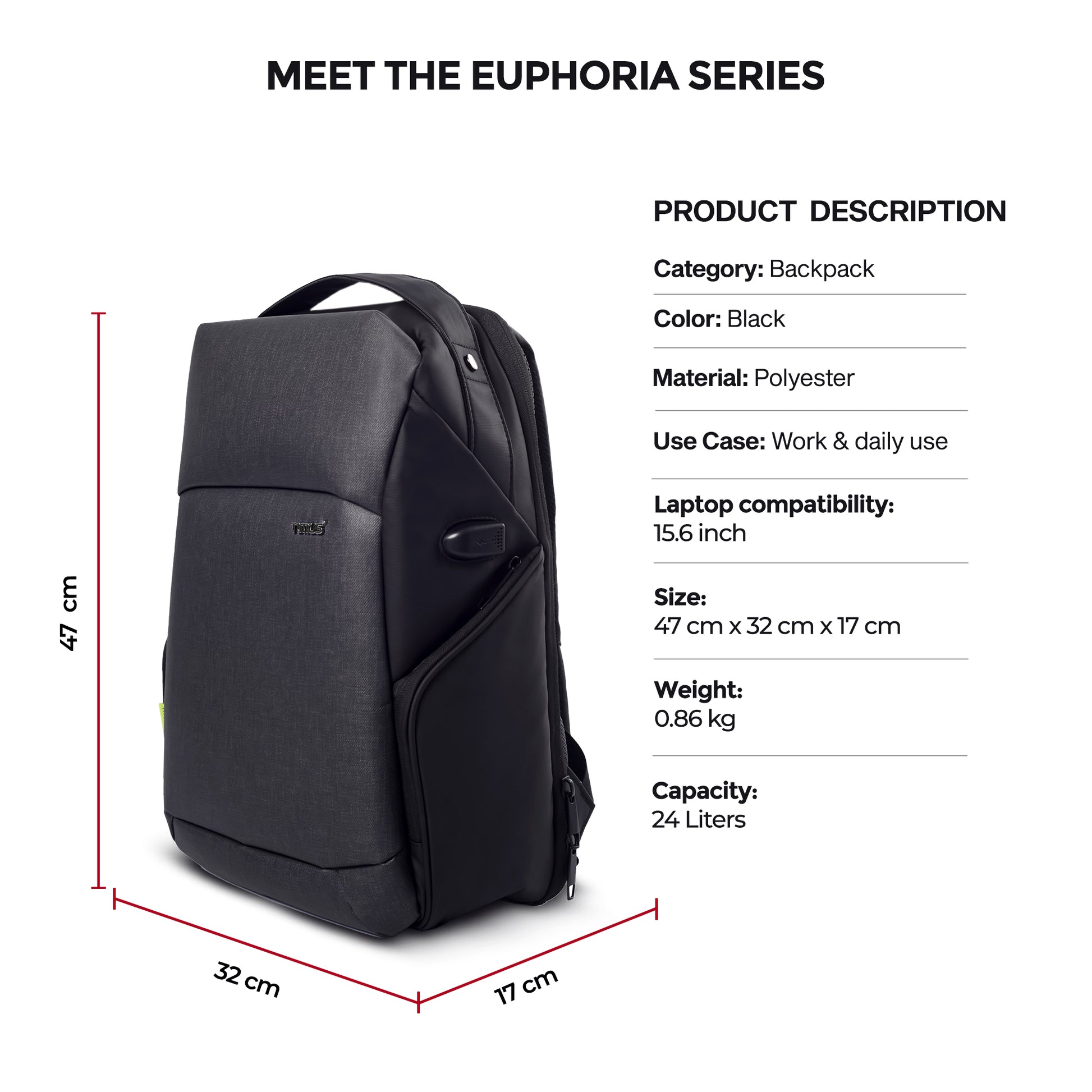 Timus Madrid black laptop backpack displayed with clear height, width, and depth measurements for everyday practicality.