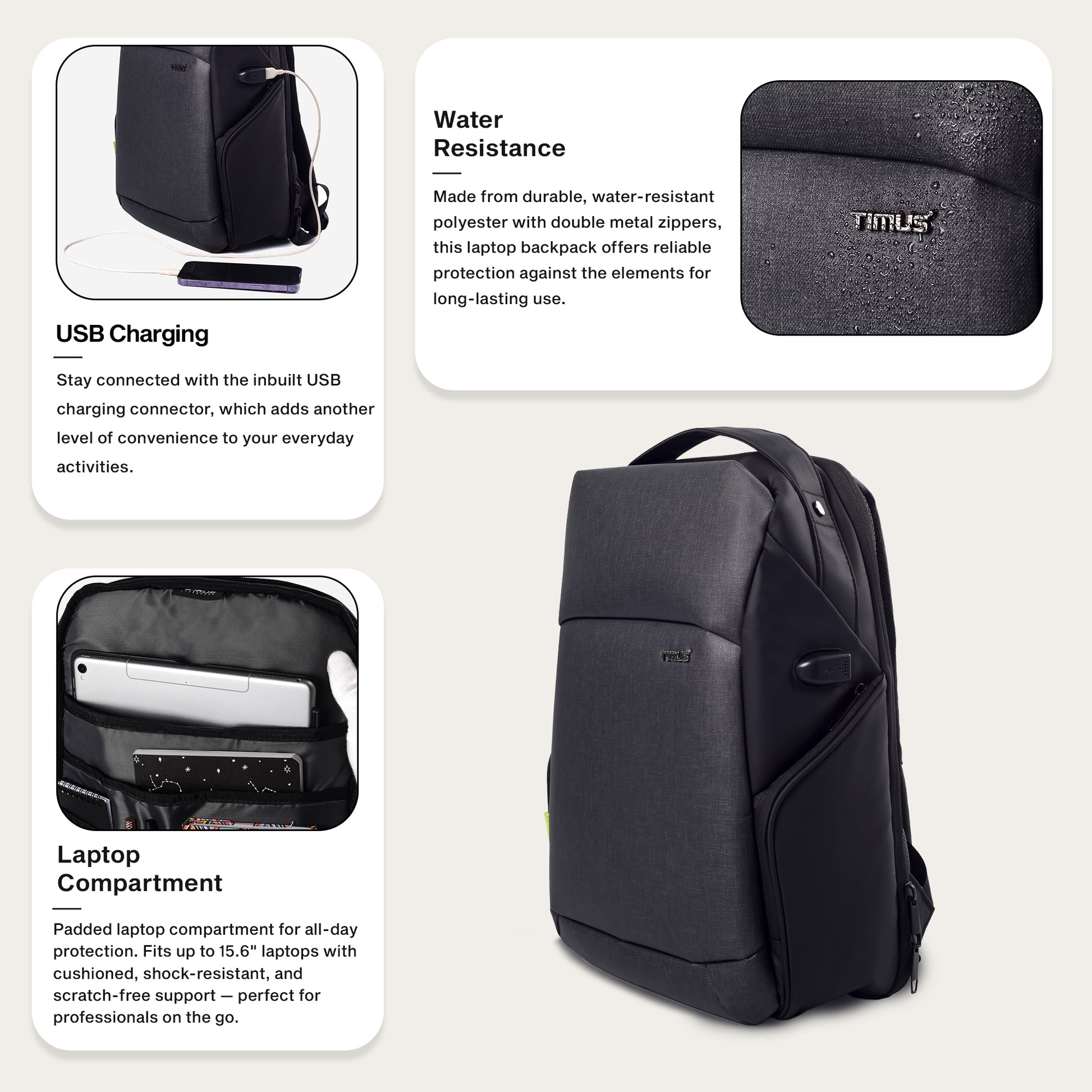 Feature graphic of Timus Madrid black laptop backpack showcasing its lightweight build, flexible design, and organized storage layout.