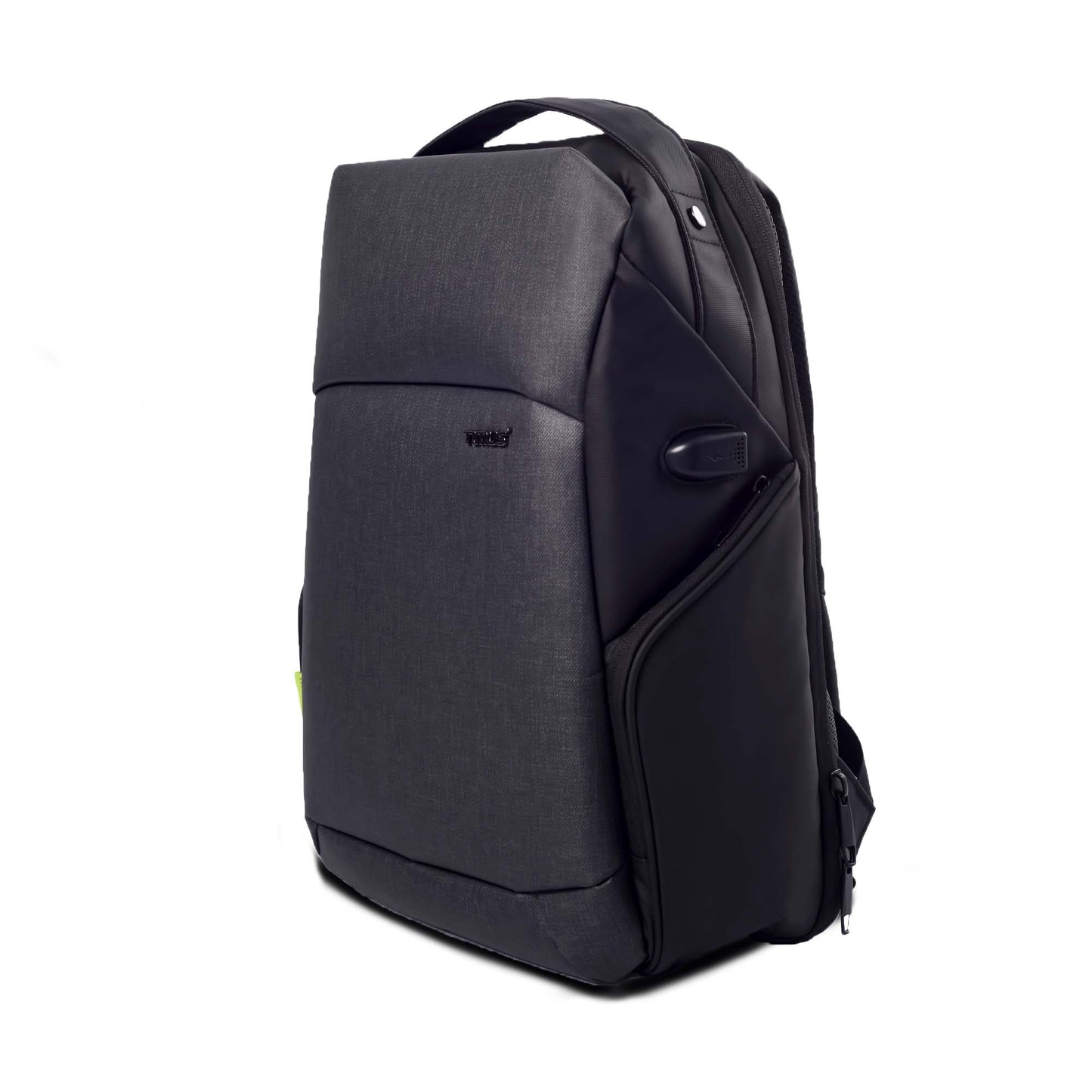 Front view of Timus Madrid black laptop backpack showing its sleek business design, organized compartments, and premium finish.