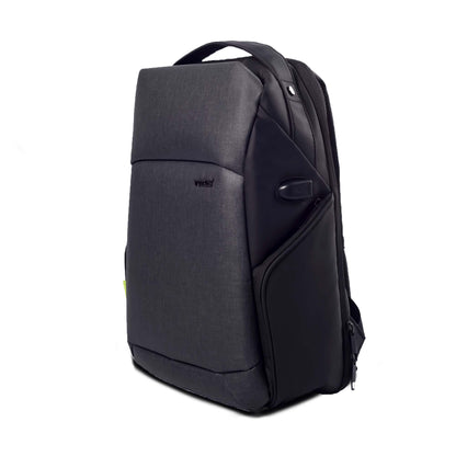 Front view of Timus Madrid black laptop backpack showing its sleek business design, organized compartments, and premium finish.