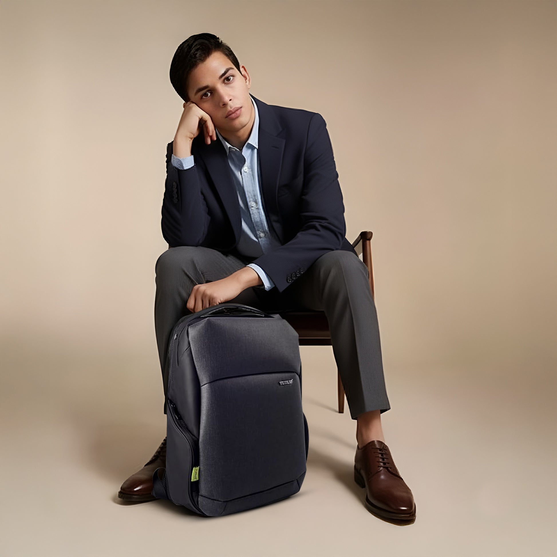 Lifestyle image of Timus Madrid black laptop backpack highlighting its elegant and professional look for work and travel.