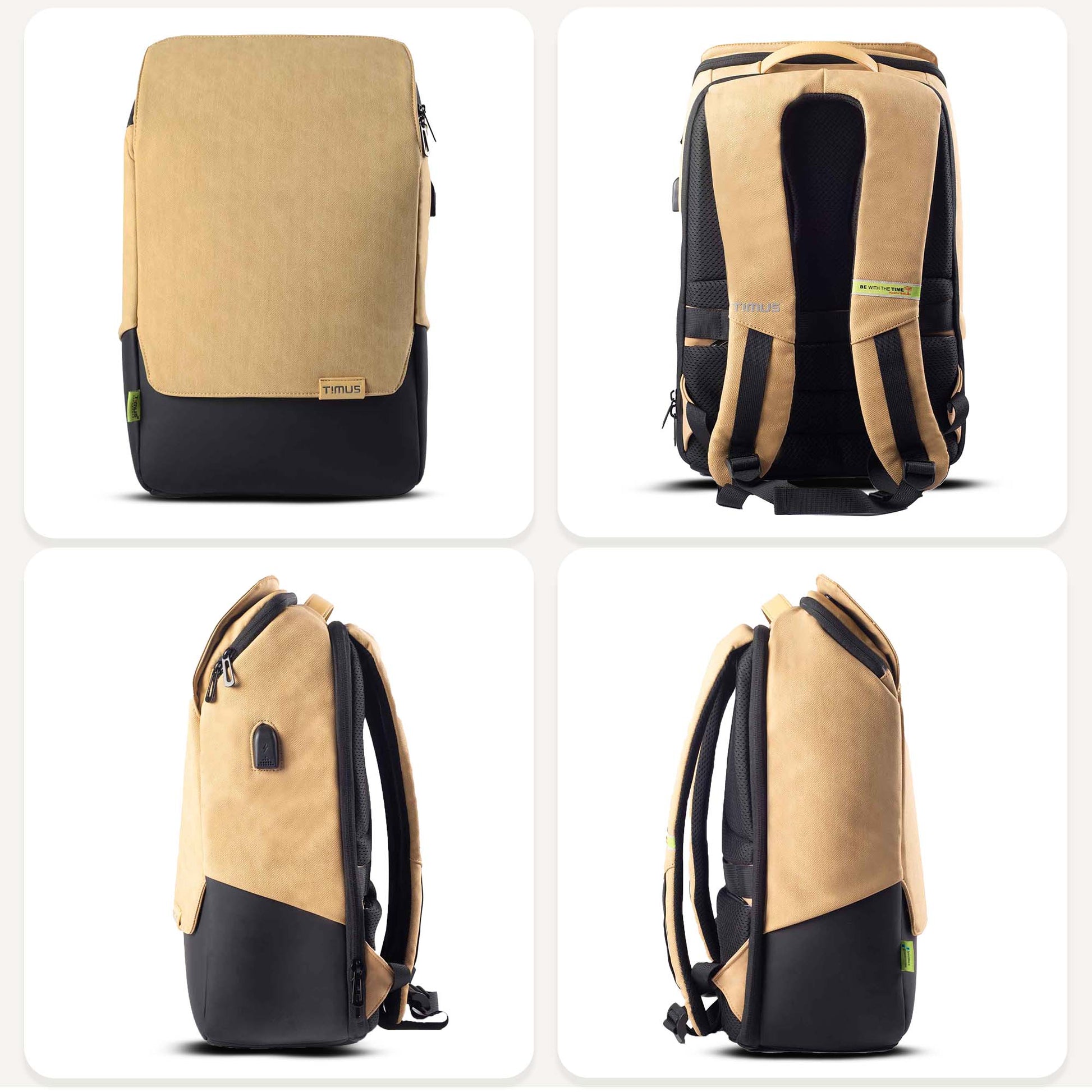 All-side angle of Timus Magnet Overnighter beige backpack showing compact profile, smooth edges, and durable build.