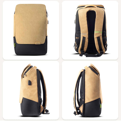 All-side angle of Timus Magnet Overnighter beige backpack showing compact profile, smooth edges, and durable build.