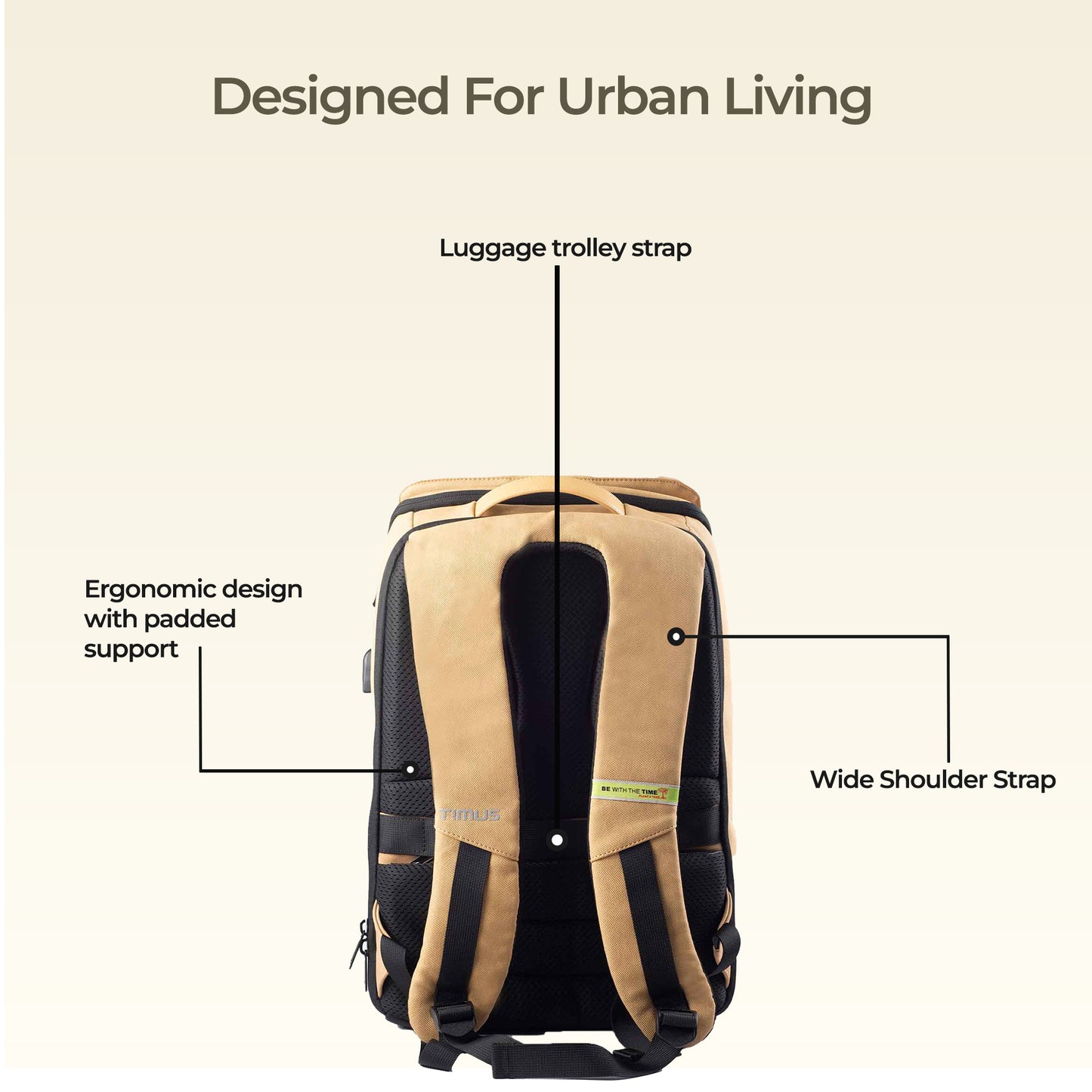 Back view of Timus Magnet Overnighter beige backpack displaying padded straps, breathable back panel, and trolley sleeve.