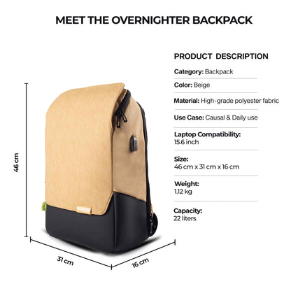 Timus Magnet Overnighter beige backpack displayed with clear height, width, and depth measurements for perfect packing ease.