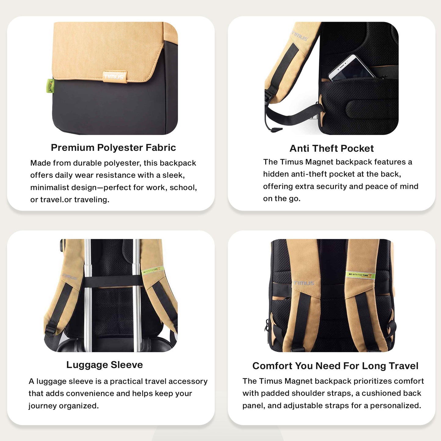 Feature graphic of Timus Magnet Overnighter beige backpack showcasing its lightweight build, flexible material, and smart organization.
