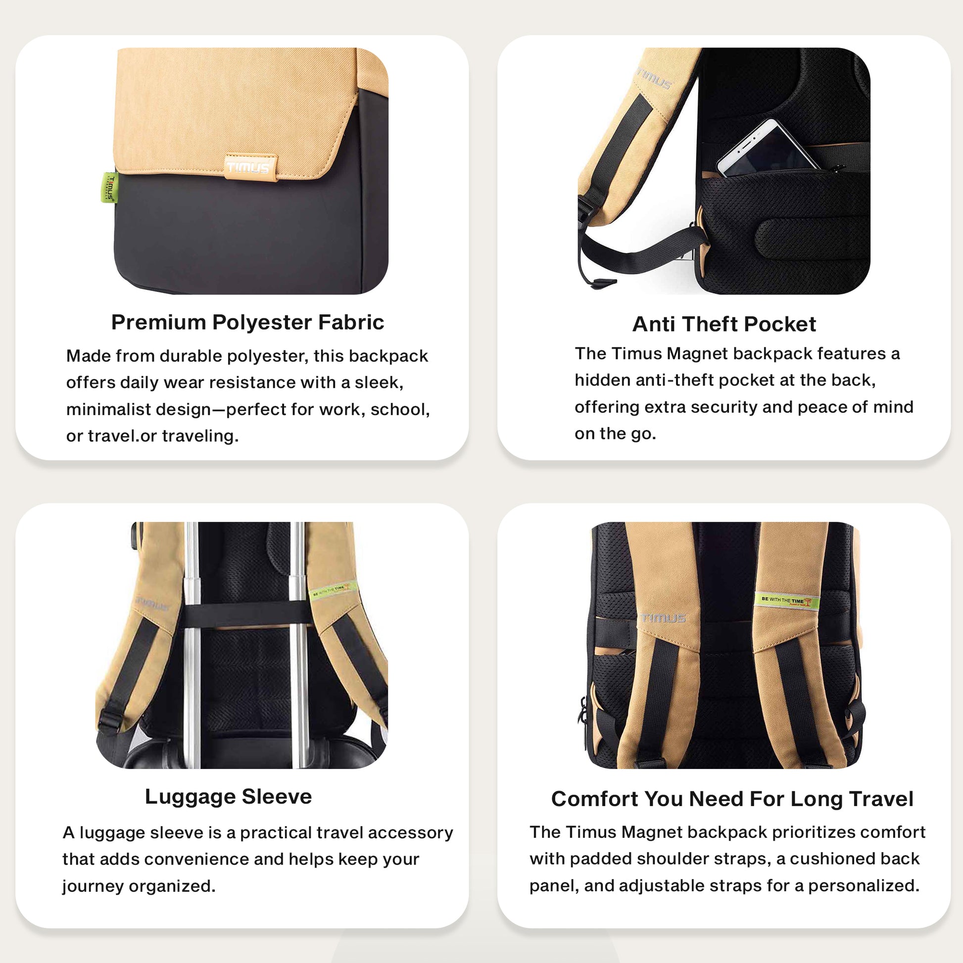 Feature graphic of Timus Magnet Overnighter beige backpack showcasing its lightweight build, flexible material, and smart organization.