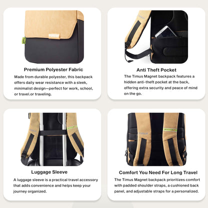 Feature graphic of Timus Magnet Overnighter beige backpack showcasing its lightweight build, flexible material, and smart organization.