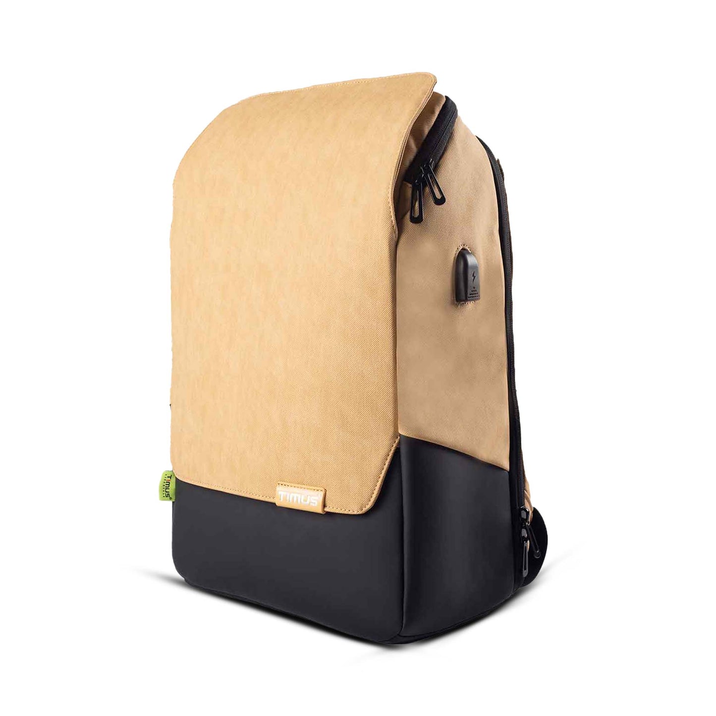 Front view of Timus Magnet Overnighter beige backpack showing sleek design, sturdy zippers, and professional finish.