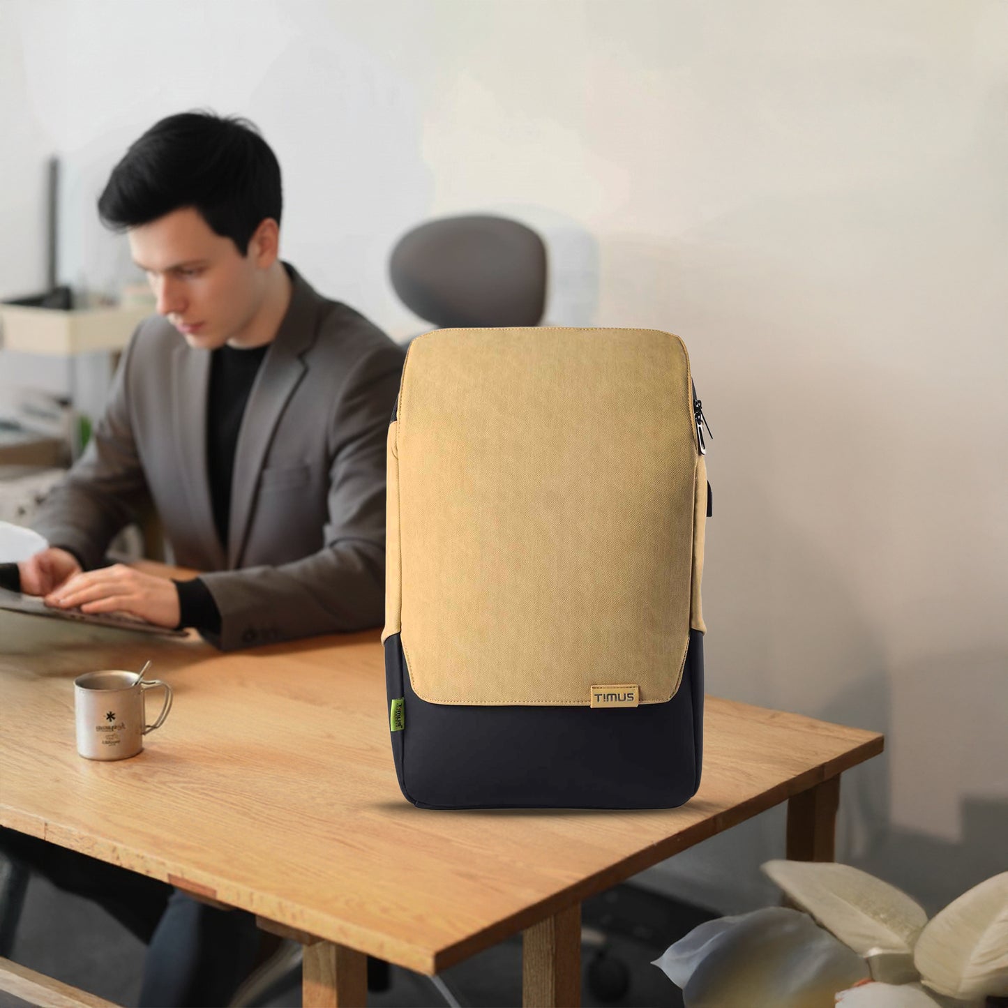 Lifestyle image of Timus Magnet Overnighter beige backpack highlighting its stylish and modern travel-ready appeal.