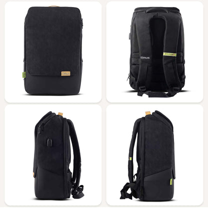 All-side angle of Timus Magnet Overnighter black backpack showing compact profile, smooth edges, and durable build.