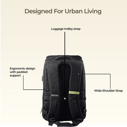 Back view of Timus Magnet Overnighter black backpack displaying padded straps, breathable back panel, and trolley sleeve.