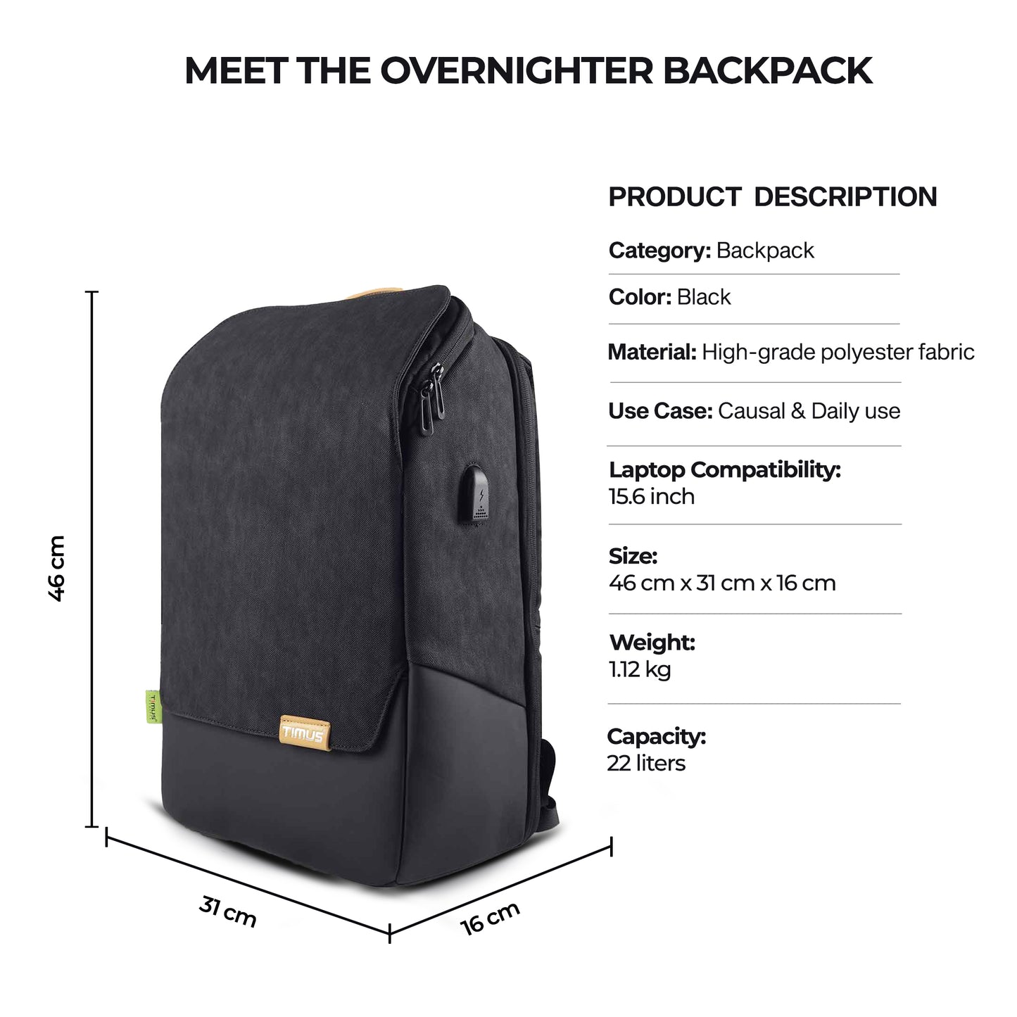 Timus Magnet Overnighter black backpack displayed with dimensions showing height, width, and depth for perfect travel and work fit.