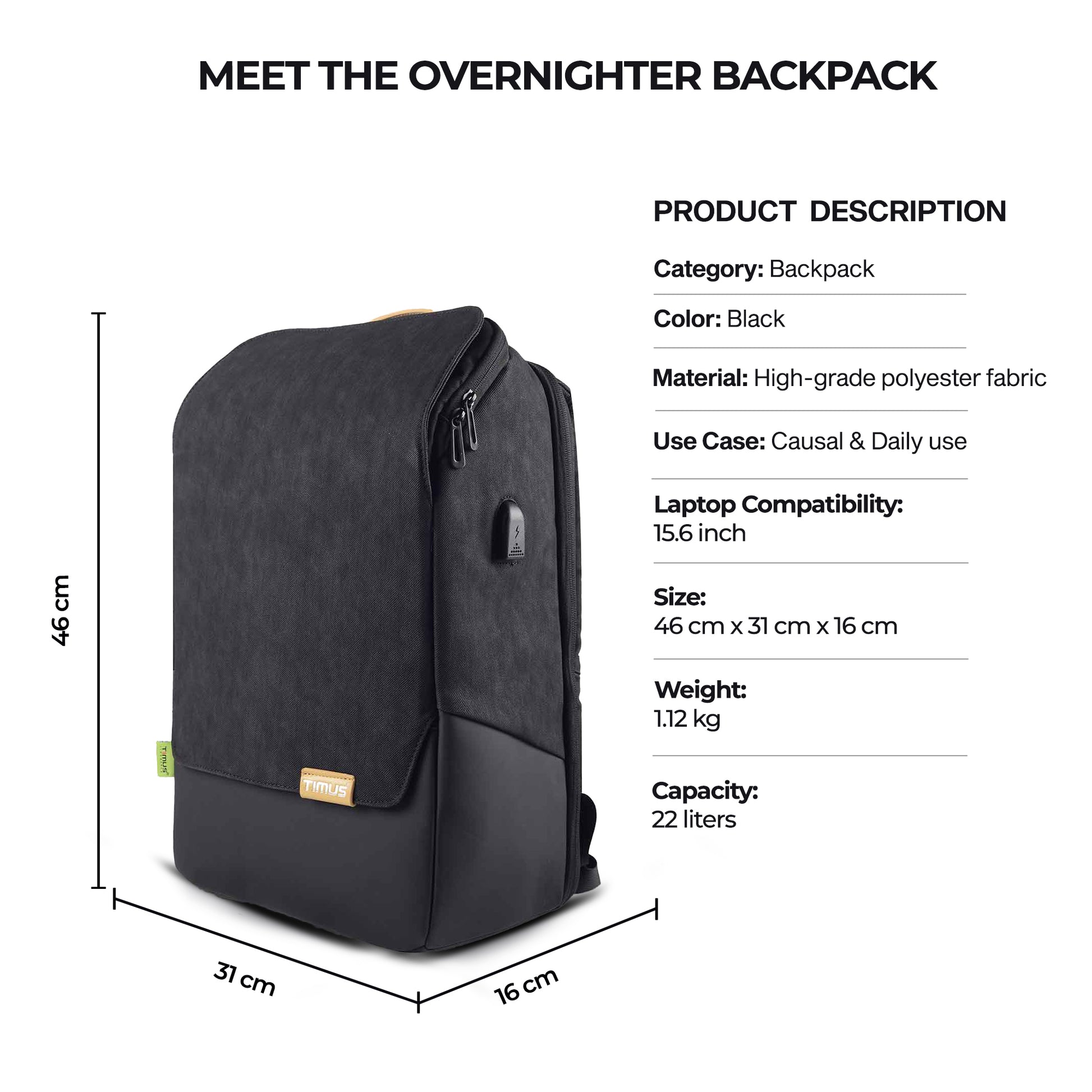 Timus Magnet Overnighter black backpack displayed with dimensions showing height, width, and depth for perfect travel and work fit.