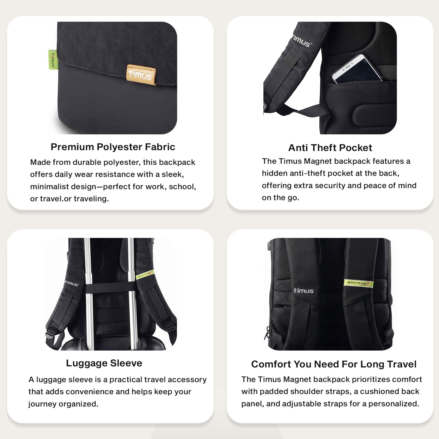 Feature graphic of Timus Magnet Overnighter black backpack highlighting water-resistant material, smart trolley sleeve, and lightweight construction.