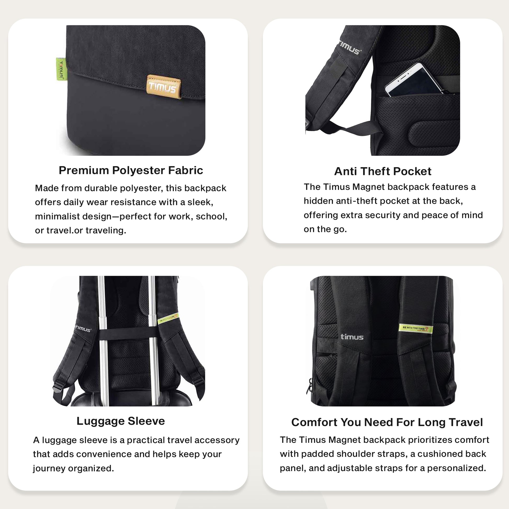 Feature graphic of Timus Magnet Overnighter black backpack highlighting water-resistant material, smart trolley sleeve, and lightweight construction.