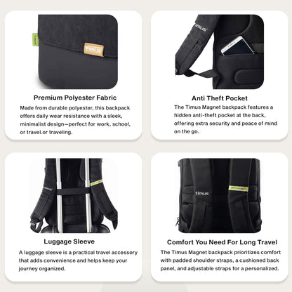 Feature graphic of Timus Magnet Overnighter black backpack highlighting water-resistant material, smart trolley sleeve, and lightweight construction.