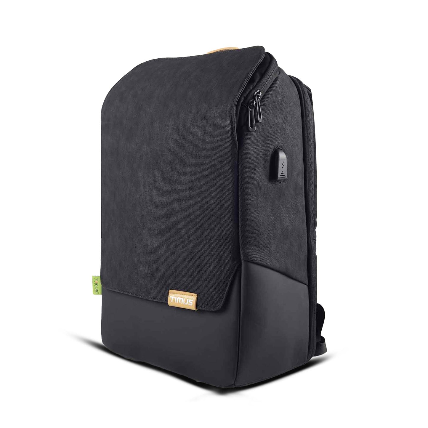 Front view of Timus Magnet Overnighter black backpack featuring sleek finish, smart compartments, and ergonomic straps for daily comfort.