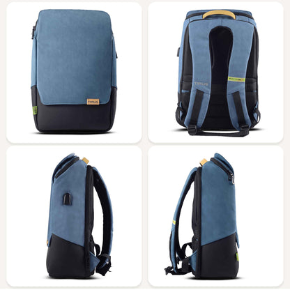 All-side angle of Timus Magnet Overnighter blue backpack showing compact profile, smooth edges, and durable build.