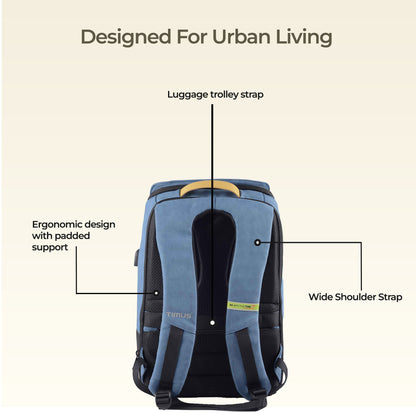 Back view of Timus Magnet Overnighter blue backpack displaying padded straps, breathable back panel, and trolley sleeve.