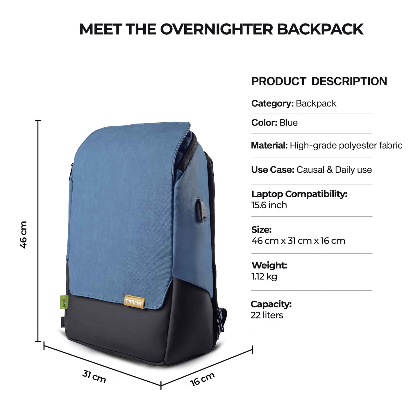 Timus Magnet Overnighter blue backpack displayed with clear height, width, and depth measurements for perfect packing ease.