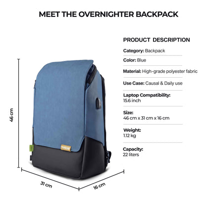 Timus Magnet Overnighter blue backpack displayed with clear height, width, and depth measurements for perfect packing ease.