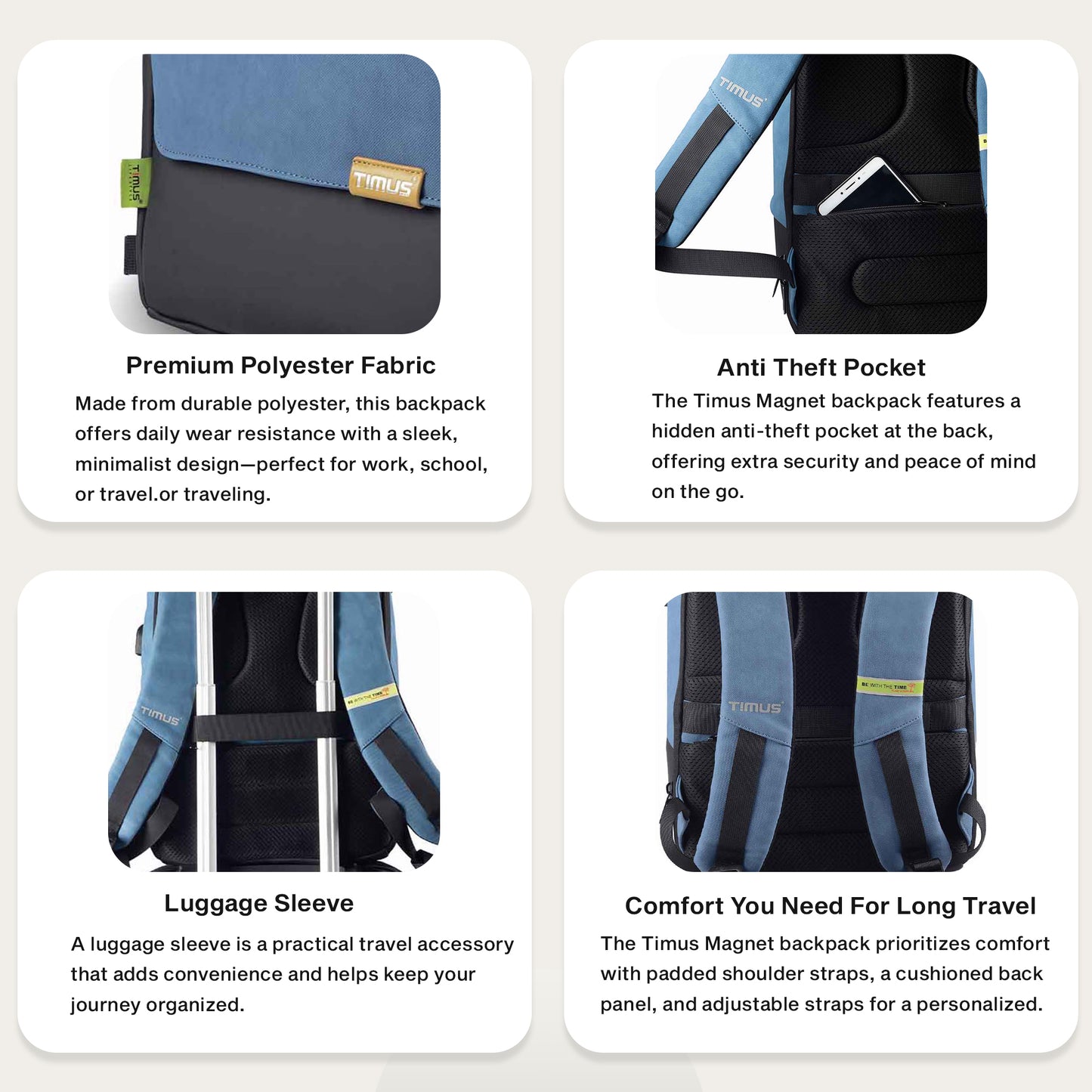 Feature graphic of Timus Magnet Overnighter blue backpack showcasing its lightweight build, flexible material, and smart organization.