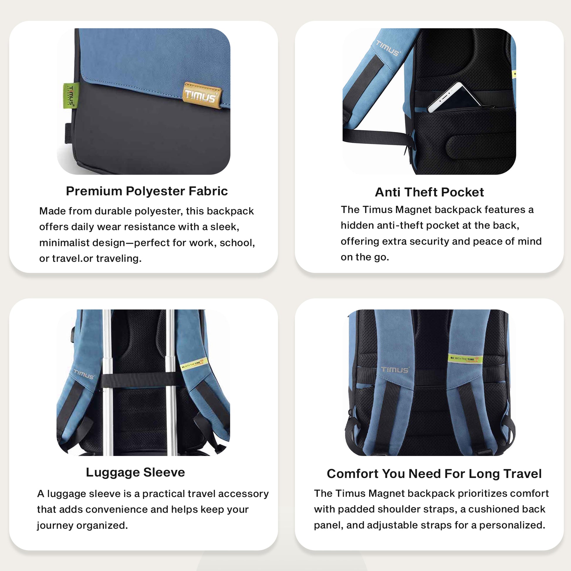 Feature graphic of Timus Magnet Overnighter blue backpack showcasing its lightweight build, flexible material, and smart organization.