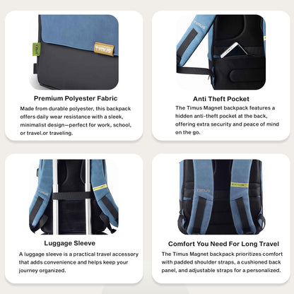 Feature graphic of Timus Magnet Overnighter blue backpack showcasing its lightweight build, flexible material, and smart organization.
